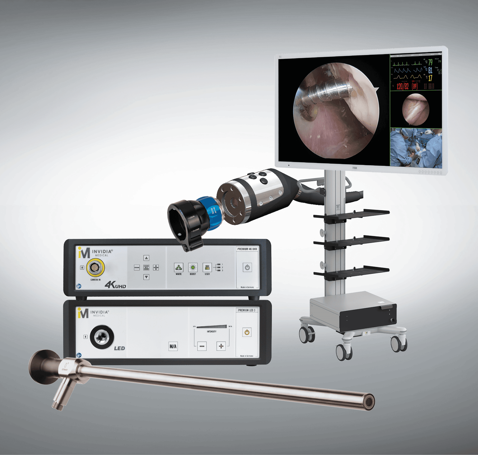 Medizingeräte: Monitor mit Endoskop-Bild, Kameramodul, Lichtquelle und Endoskopstab, silbern.