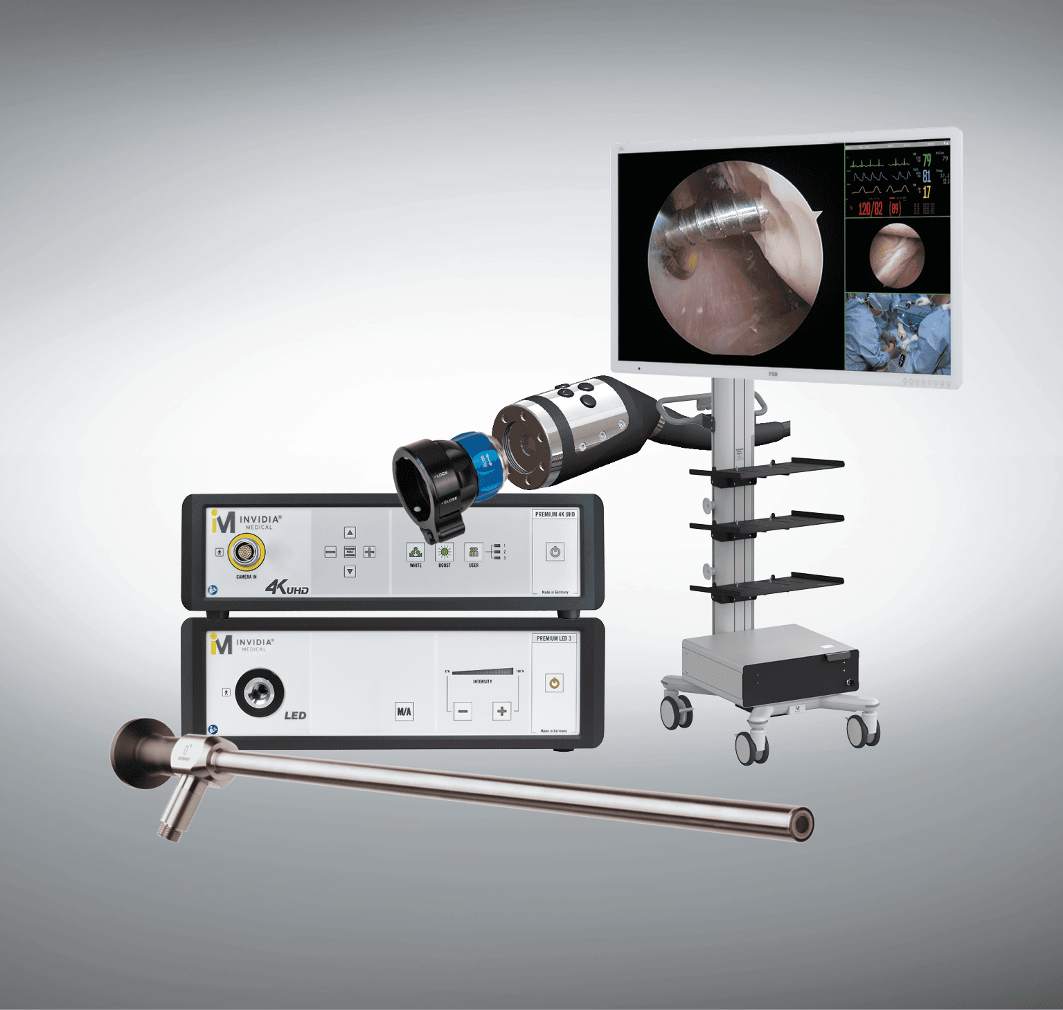 Medizinisches Endoskopiegerät in neutralen Farben mit Monitor, Kamera und Instrumentenstange.