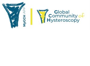 Logo der Global Community of Hysteroscopy, blau-gelbes Design mit skizzenhafter Zeichnung.