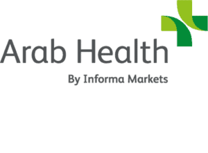 Logo von "Arab Health" mit grauem Text und grünem grafischem Element.