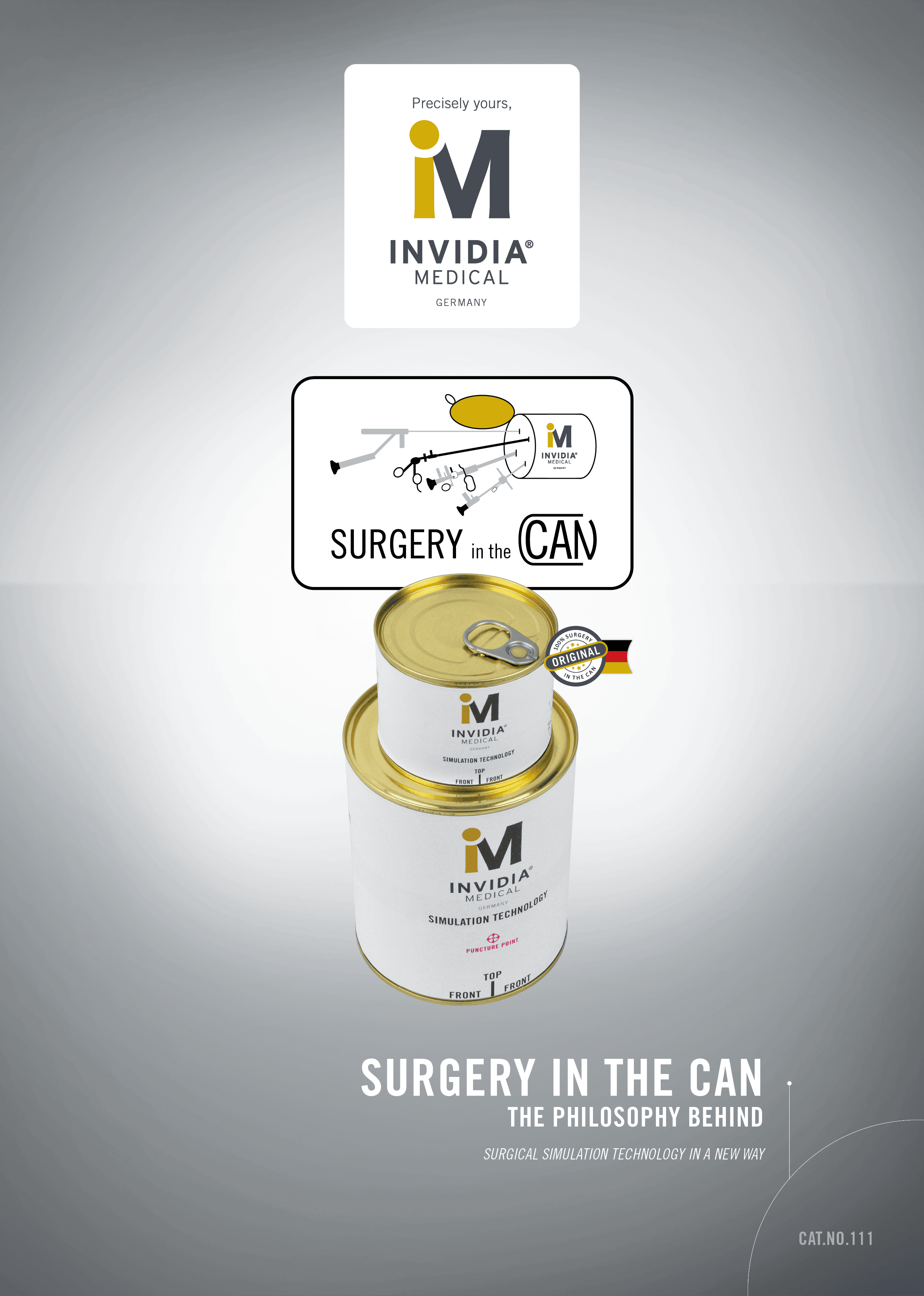 Zwei Dosen mit gelbem Deckel und Invidia-Logo, textlich: "Surgery in the Can", elegant gestaltet.