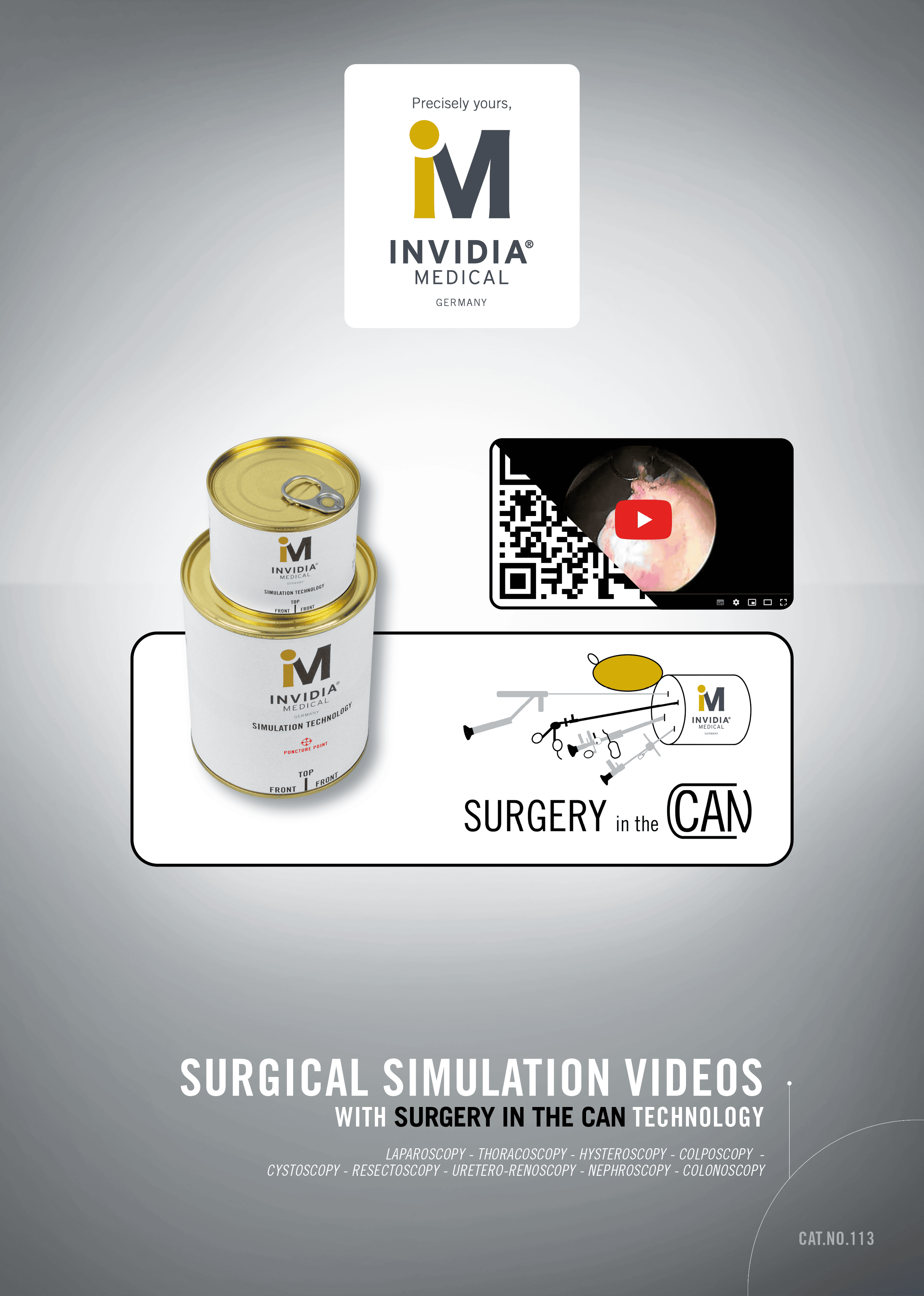 Eine Werbeanzeige für medizinische Simulationsvideos von Invidia Medical, mit Dosen und QR-Code.