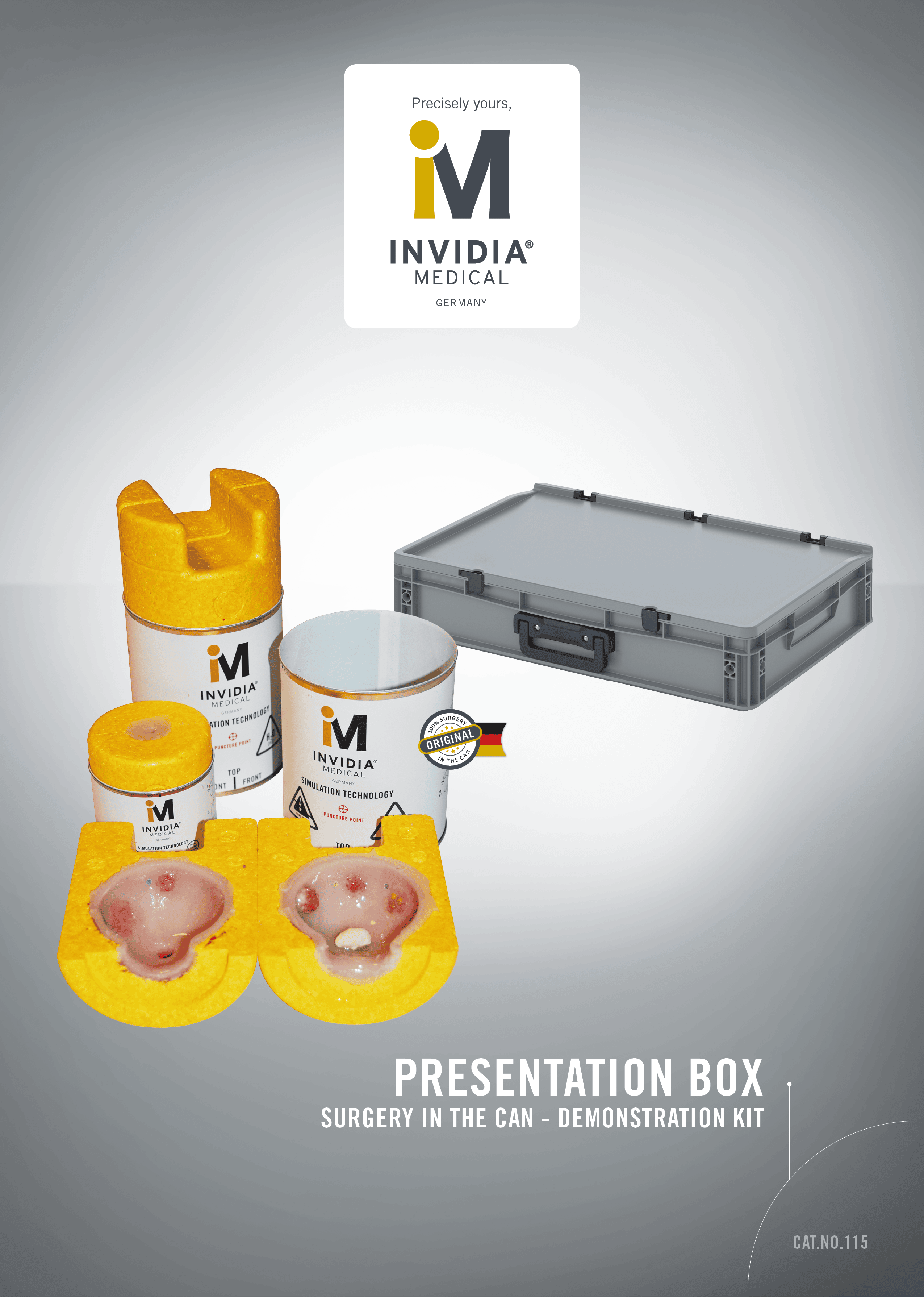 INVIDIA Medical Präsentationsbox mit gelbem Inhaltsstoff und grauem Koffer, Deutschlandflagge.