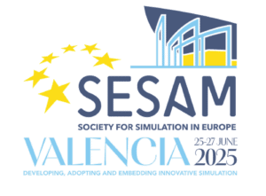 SESAM 2025-Logo mit gelbem Sternbild, blau-grauer Schrift und moderner blau-gelber Architektur.